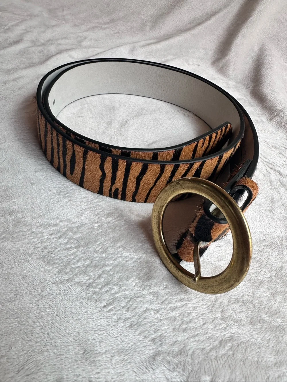 Tiger-Print Women’s Belt with Antique Gold Oval Buckle